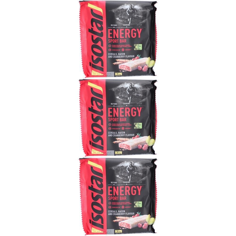 Trois barres Isostar Energy Sport emballées. Emballage rouge avec informations et logo.