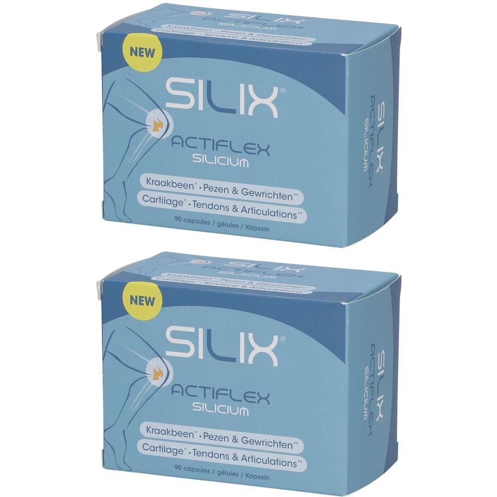 Deux boîtes bleues "SILIX Actiflex Silicium". Inscription "NEW" et illustration d'un genou. Contient 90 capsules.