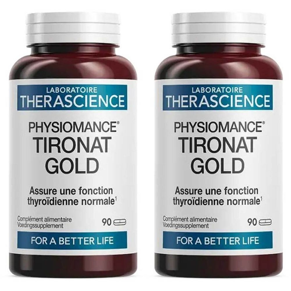 Deux flacons de Physiomance Tironat Gold. Flacons bruns, bouchons blancs et étiquettes. Texte : Laboratoire Therascience, 90 capsules.