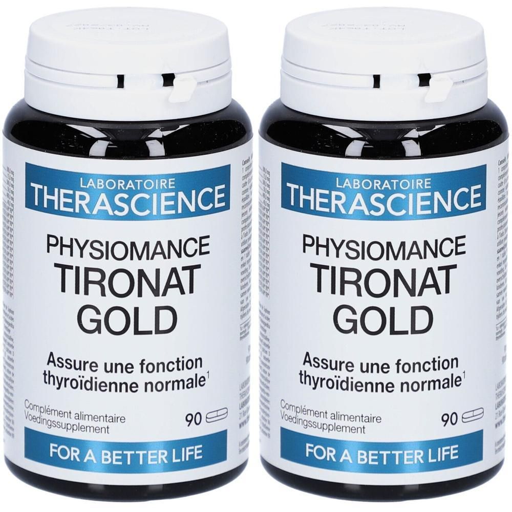 Deux flacons de Physiomance Tironat Gold. Flacons noirs, bouchons blancs et étiquettes. Texte : Laboratoire Therascience, 90 capsules.