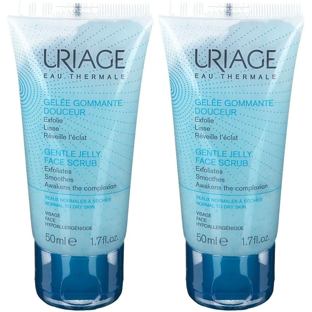 Deux tubes de Uriage Gelée Gommante Douceur. Tubes bleu clair avec texte bleu et bouchon bleu. Texte: Gentle Jelly Face Scrub.