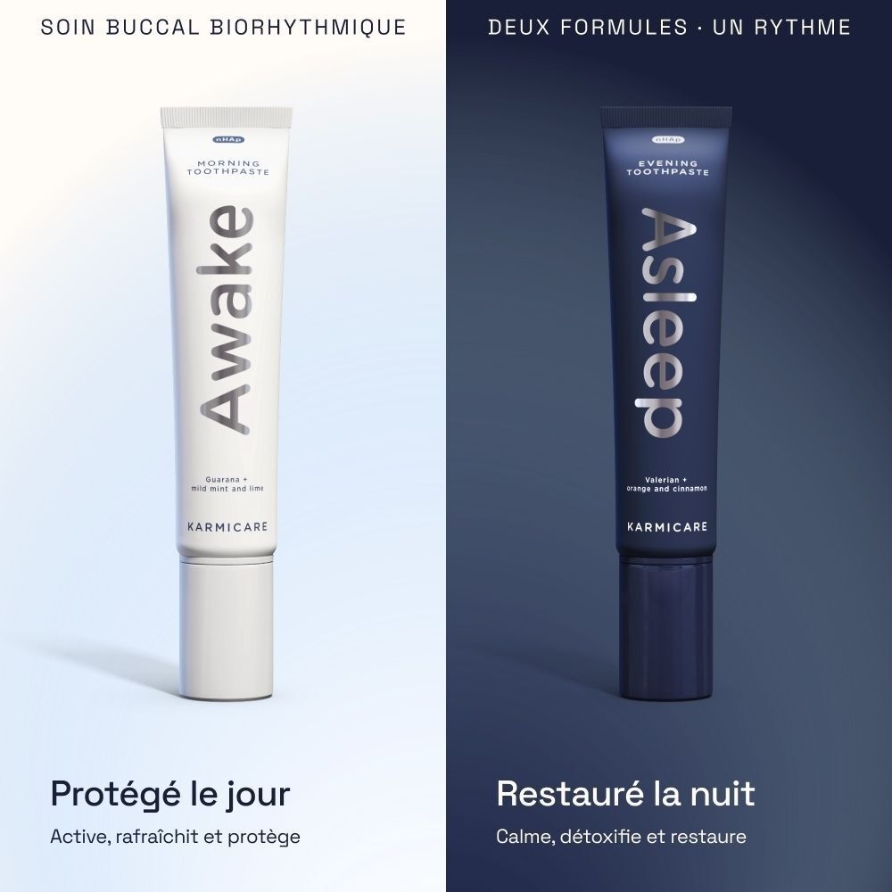 Tube blanc avec inscription "Awake" et "Morning Toothpaste", marque "Karmicare".