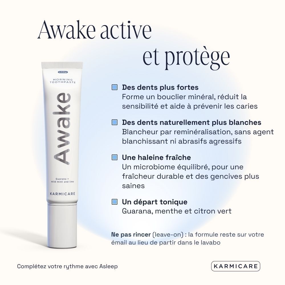 Un tube de dentifrice blanc avec l'inscription "Awake".
