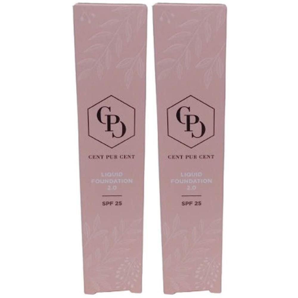 Deux emballages roses allongés. Inscription: Cent Pur Cent Liquid Foundation 2.0 SPF 25. Logo: CD.