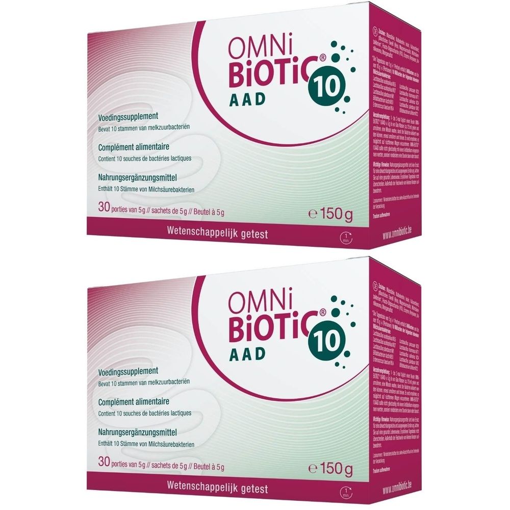 Deux boîtes de Omni Biotic Aad 10. Emballage rouge et blanc avec nom et informations. Contient 30 sachets.