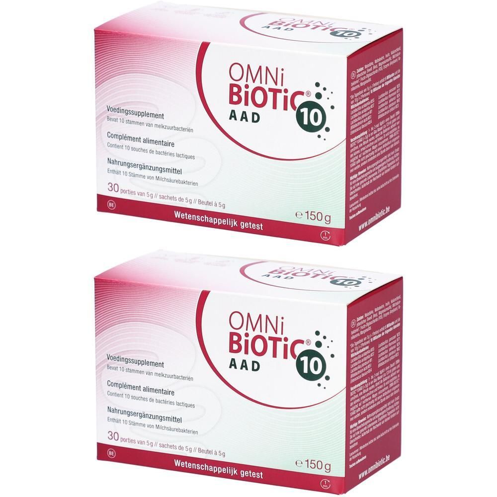 Deux boîtes de Omni Biotic Aad 10. Emballage rouge et blanc avec nom et informations. Contient 30 sachets.