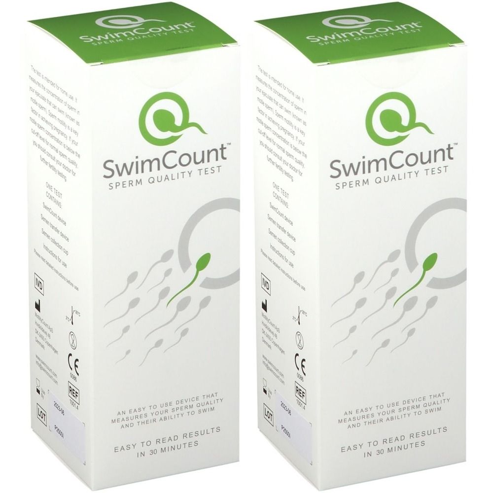 Deux boîtes de test de qualité du sperme SwimCount. Boîtes blanches avec couvercle vert et logo. Texte : "Sperm Quality Test".