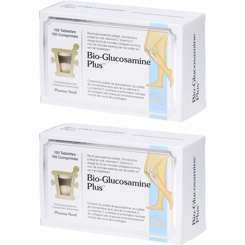 Deux boîtes de Pharma Nord Bio-glucosamine Plus. Boîtes blanches avec nom du produit et illustration du genou.