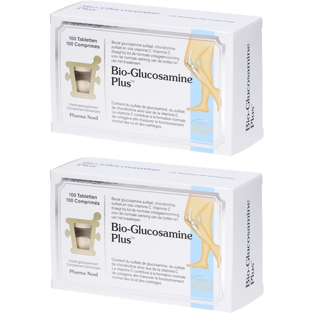 Deux boîtes de Pharma Nord Bio-glucosamine Plus. Boîtes blanches avec nom du produit et illustration du genou.