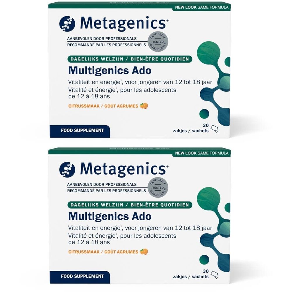 Deux boîtes de Multigenics Ado. Inscription : Complément alimentaire. 30 sachets. Goût d'agrumes.