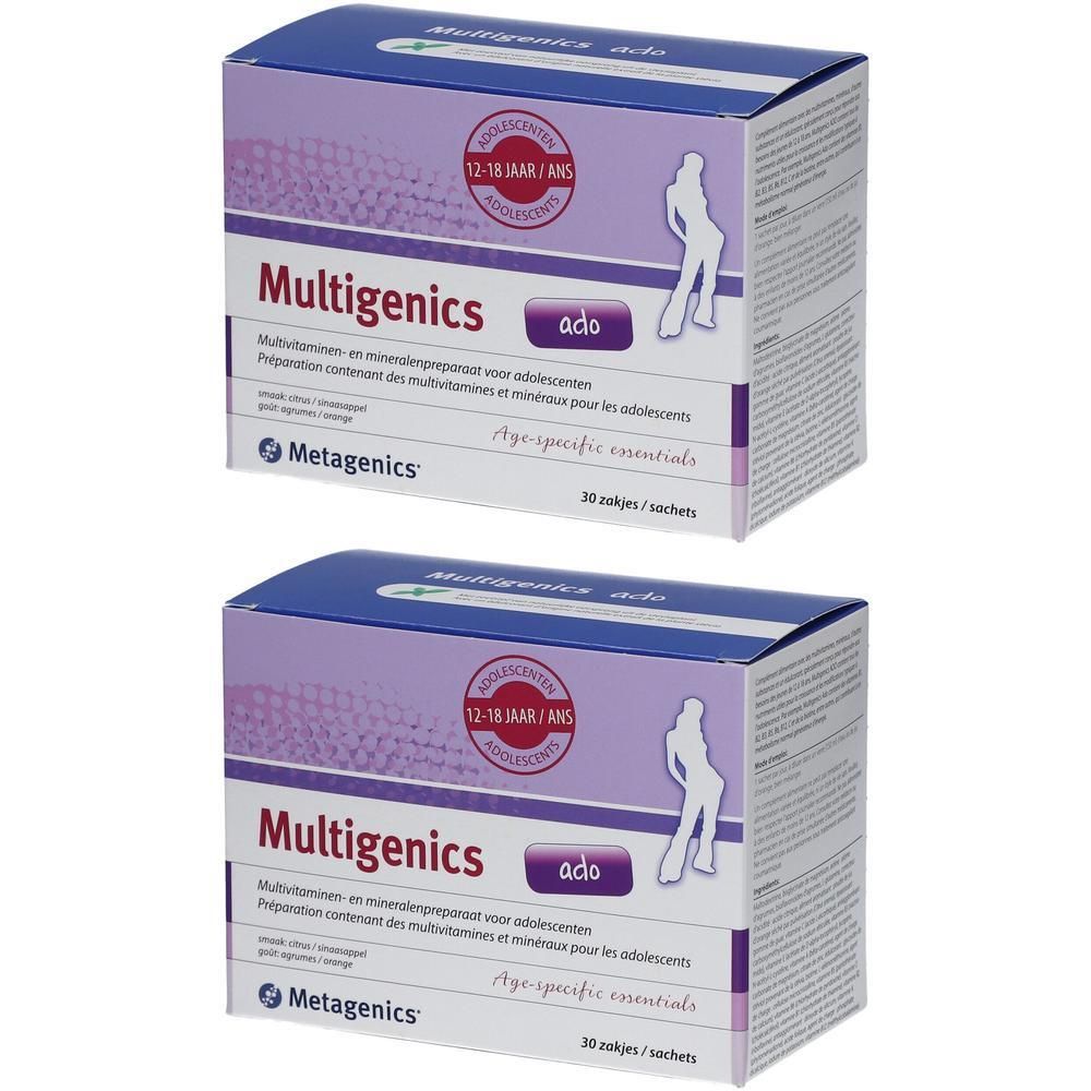 Deux boîtes de Multigenics Ado. Inscription : Préparation de multivitamines et minéraux pour adolescents. 30 sachets.