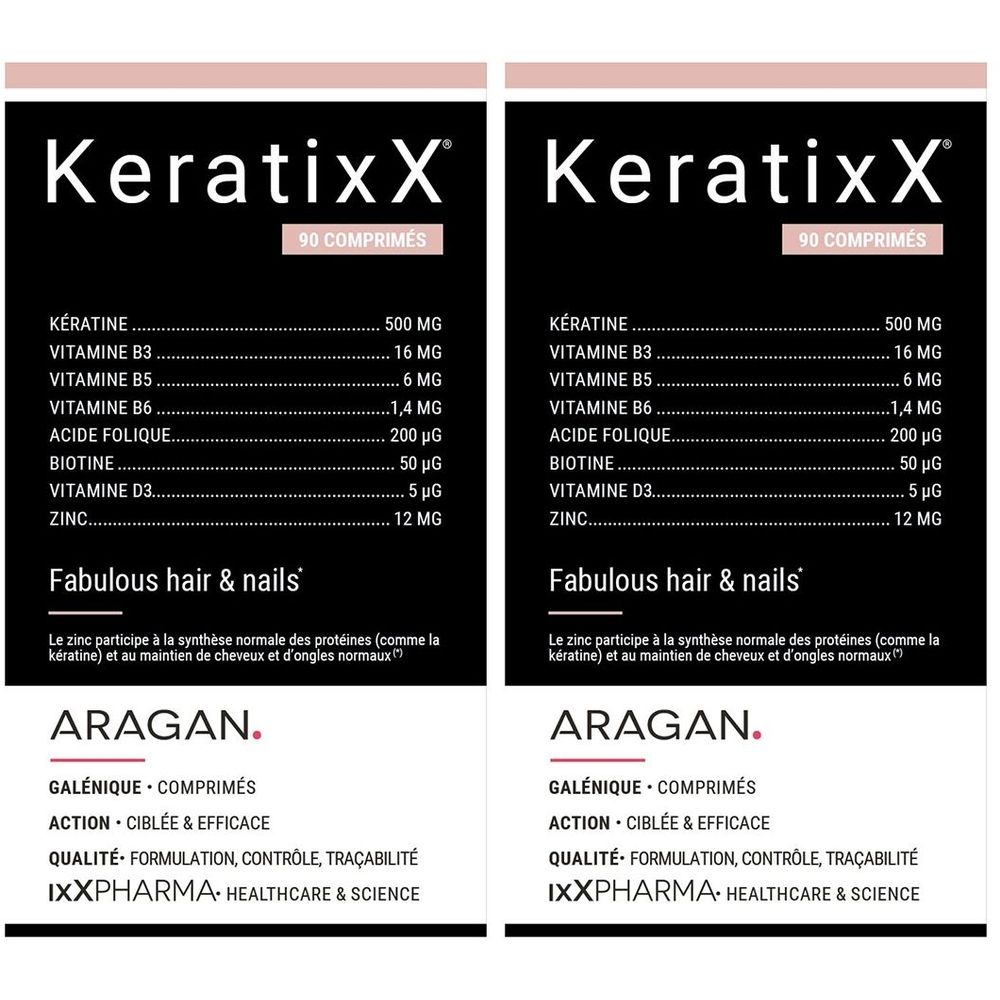 Deux étiquettes blanches avec informations. Inscription : KeratixX, 90 comprimés, Fabulous hair & nails, Aragan.