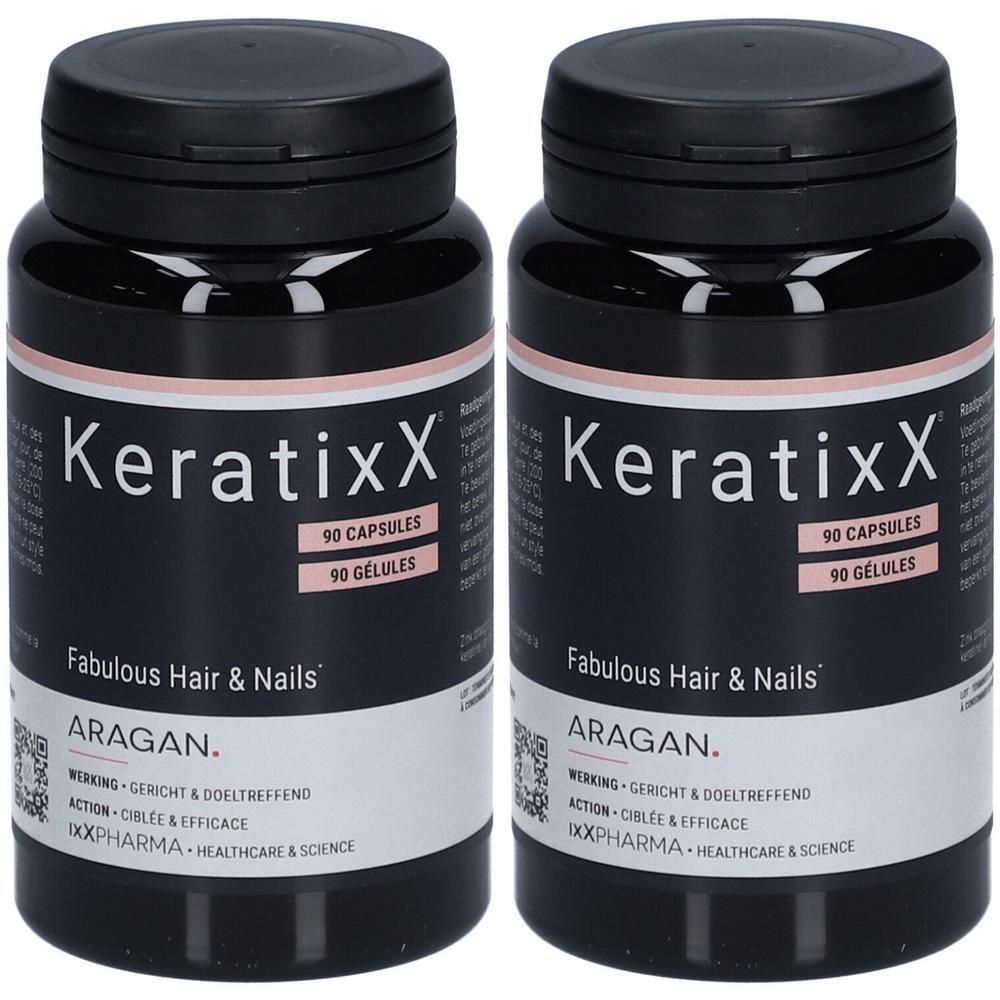 Deux flacons noirs KeratixX avec étiquette. Inscription : KeratixX, 90 gélules, Fabulous Hair & Nails, Aragan.