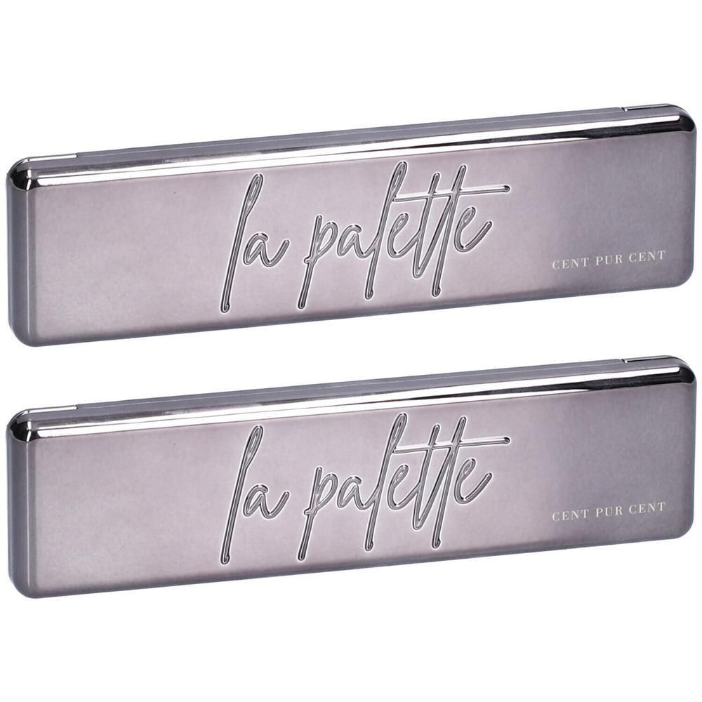 Deux palettes rectangulaires métalliques. Inscription: La Palette, CENT PUR CENT. Surface lisse, argentée.