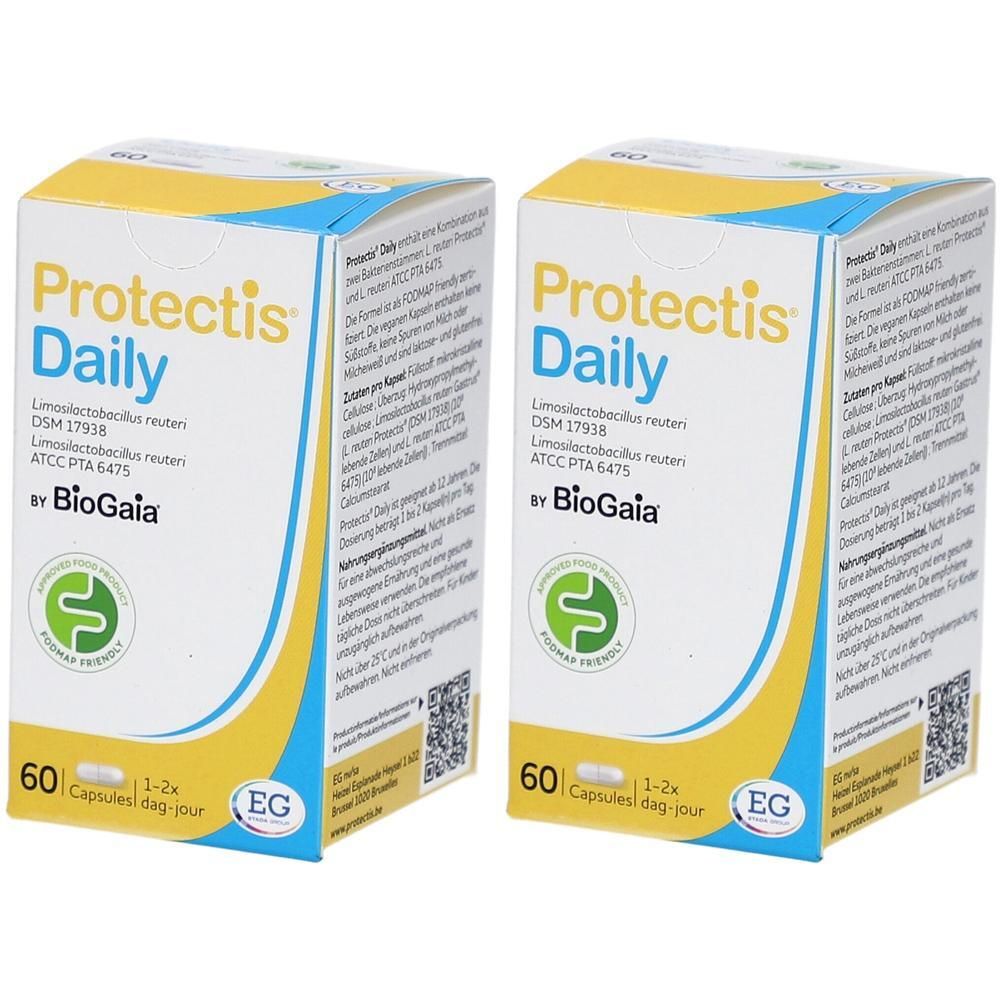 Deux boîtes de Protectis Daily. Emballage jaune et bleu avec nom et logo du produit. Contient 60 gélules.