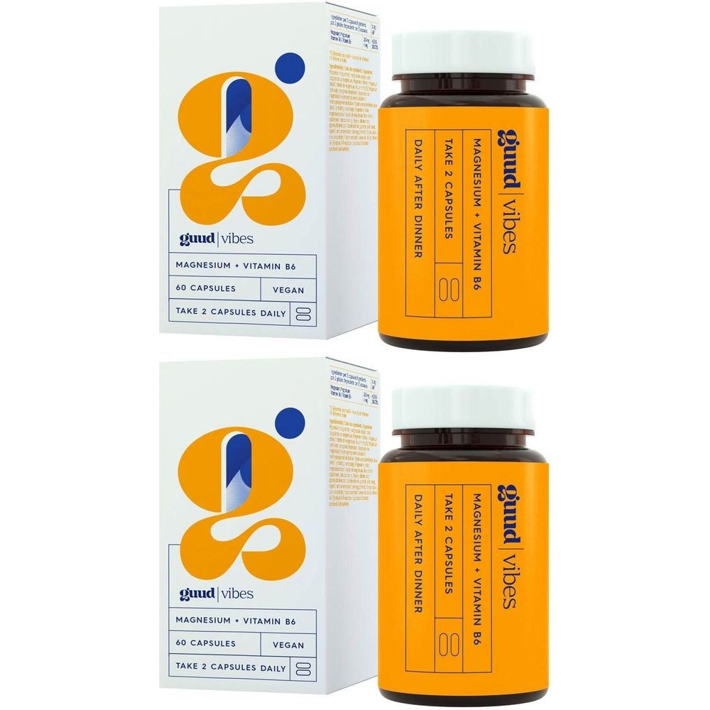 Deux flacons avec étiquette jaune et texte: Guud Vibes, Magnésium + Vitamine B6, 60 gélules, végétalien.