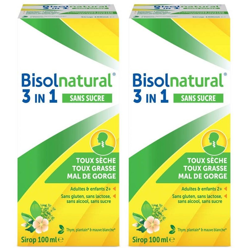 Deux boîtes de Bisolnatural 3 en 1. Design blanc, vert et bleu. Nom du produit et informations en français.