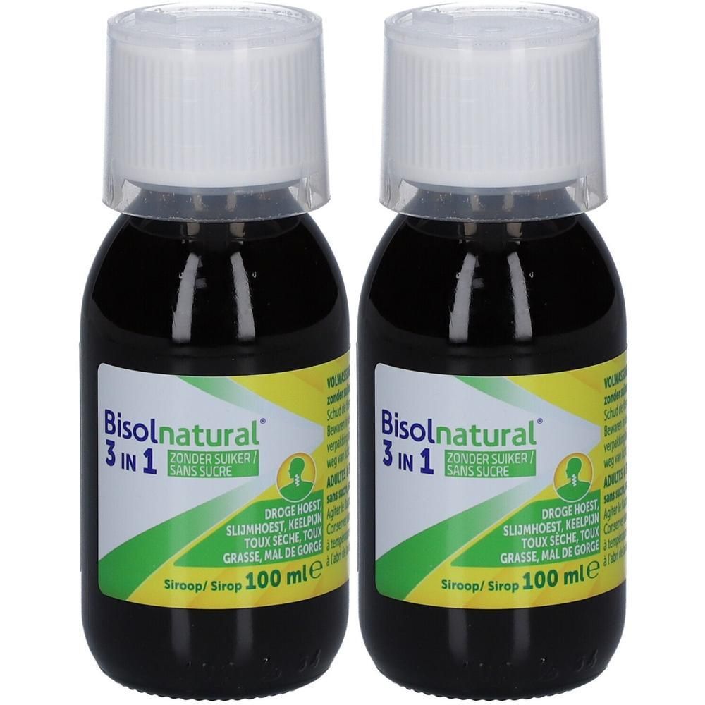 Deux flacons de Bisolnatural 3 en 1. Liquide brun, bouchon blanc. Étiquette avec informations et logo.
