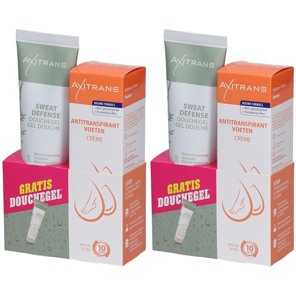Deux ensembles Axitrans Antitranspirant Pieds + Gel Douche. Chaque ensemble comprend crème, gel douche et emballage.