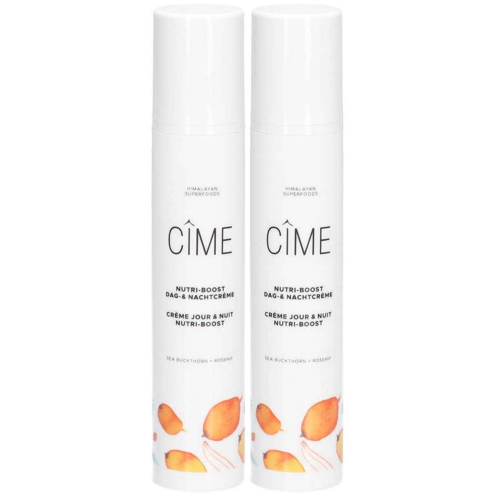 Deux crèmes blanches Cîme. Texte: Nutri-Boost Dag & Nachtcreme, Crème Jour & Nuit Nutri-Boost. Illustrations de fruits.
