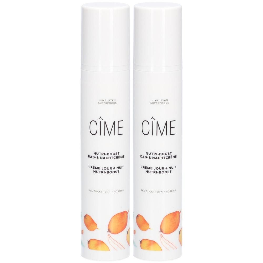 Deux crèmes blanches Cîme. Texte: Nutri-Boost Dag & Nachtcreme, Crème Jour & Nuit Nutri-Boost. Illustrations de fruits.
