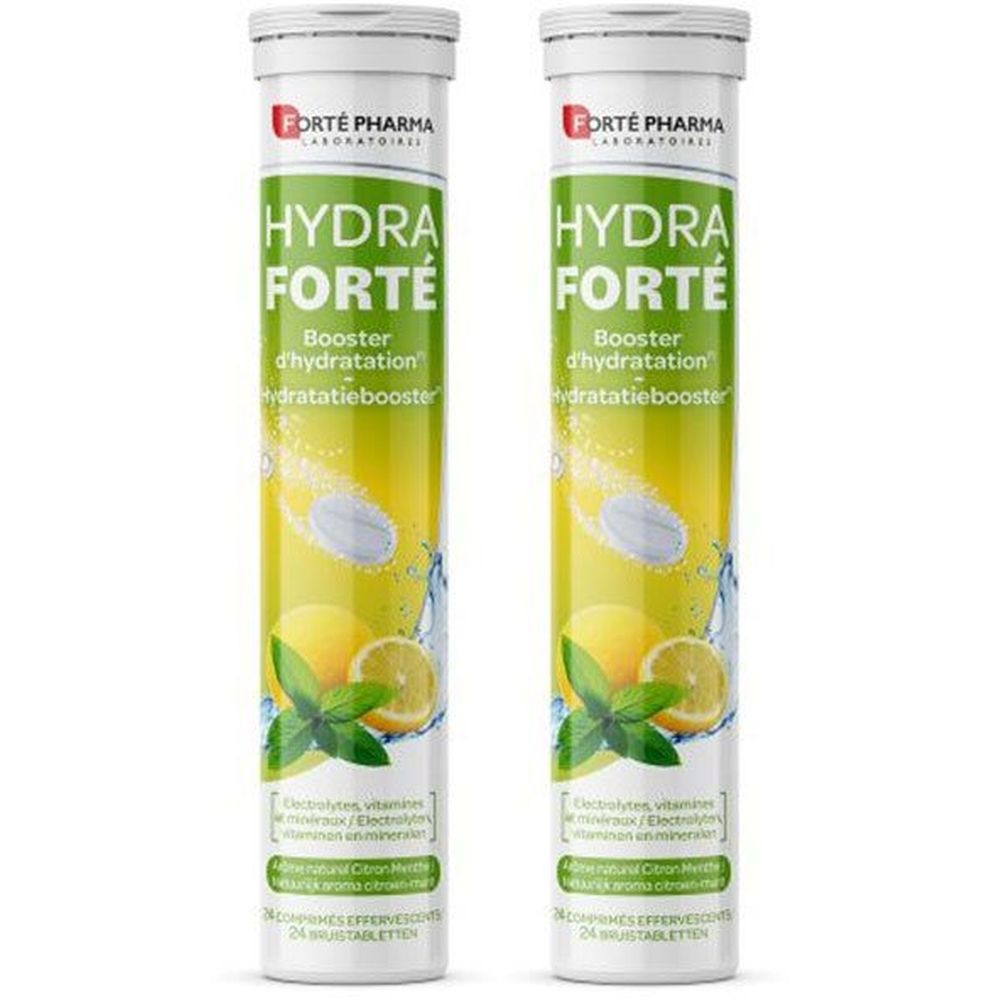 Deux tubes cylindriques Hydra Forté. Inscription: Hydra Forté, Booster d'hydratation, arôme citron-menthe. Comprimés effervescents.