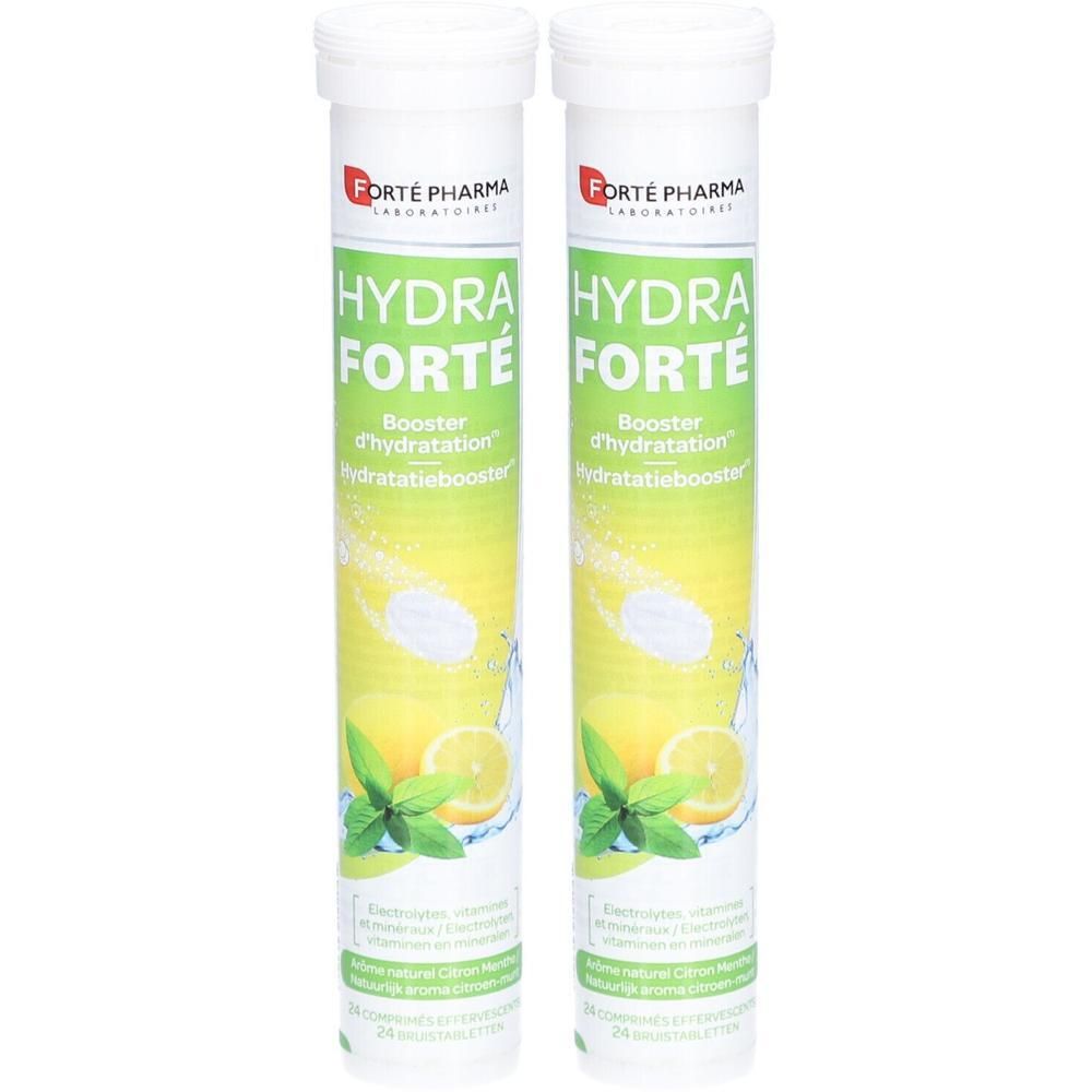 Deux tubes cylindriques Hydra Forté. Inscription: Hydra Forté, Booster d'hydratation, arôme citron-menthe. Comprimés effervescents.