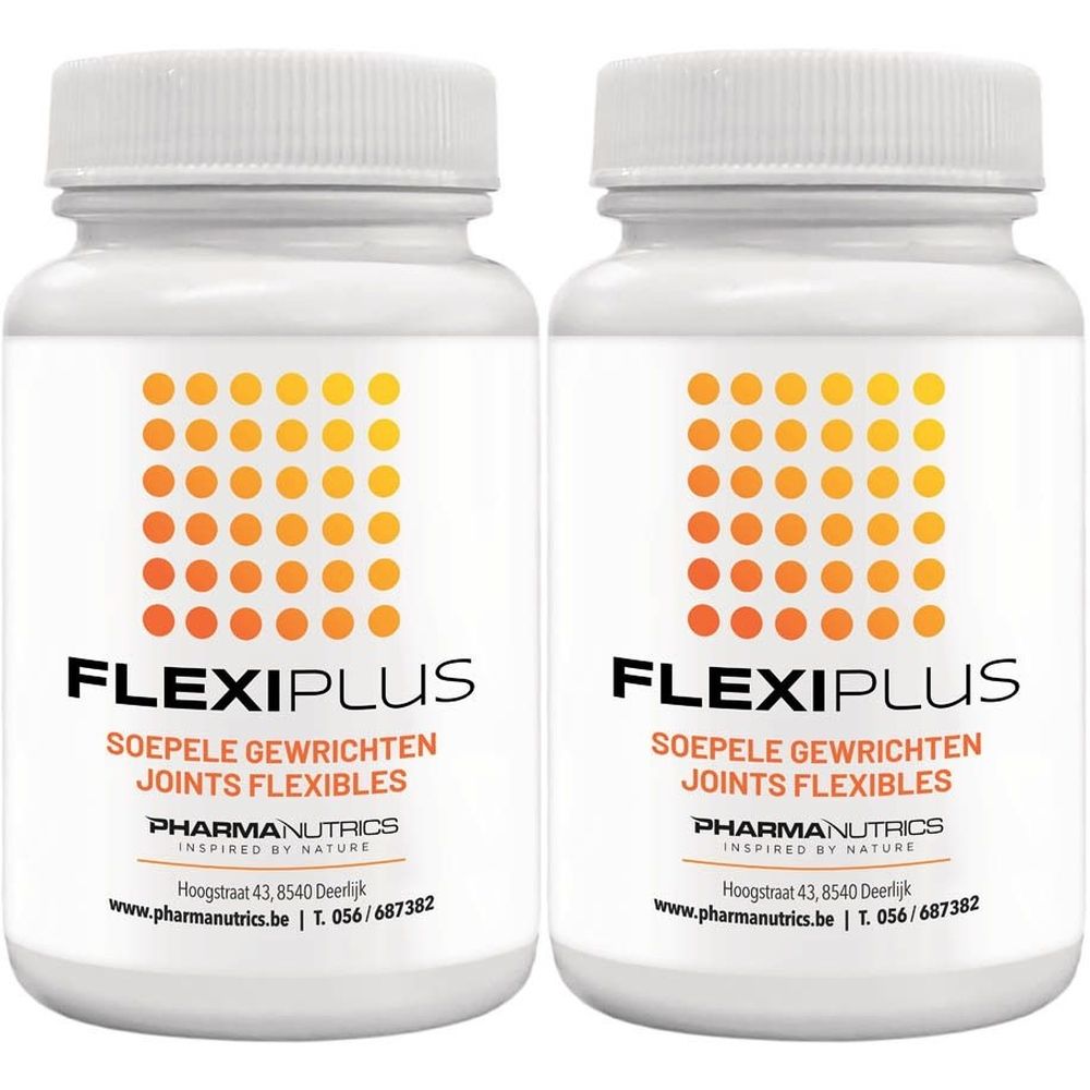 Deux flacons blancs avec étiquettes. Inscription: FLEXIPLUS, Soepele Gewrichten, Joints Flexibles. PharmaNutrics.
