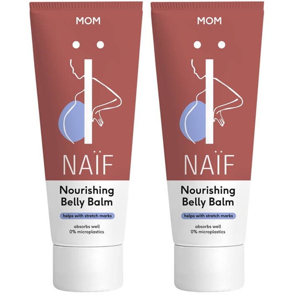 Deux tubes de Naïf Nourishing Belly Balm. Emballage rose-rouge avec logo et nom du produit. Aide contre les vergetures.