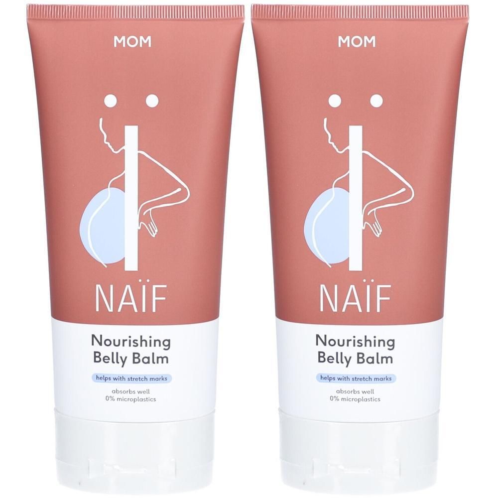 Deux tubes de Naïf Nourishing Belly Balm. Emballage rose et blanc avec logo et nom du produit. Aide contre les vergetures.