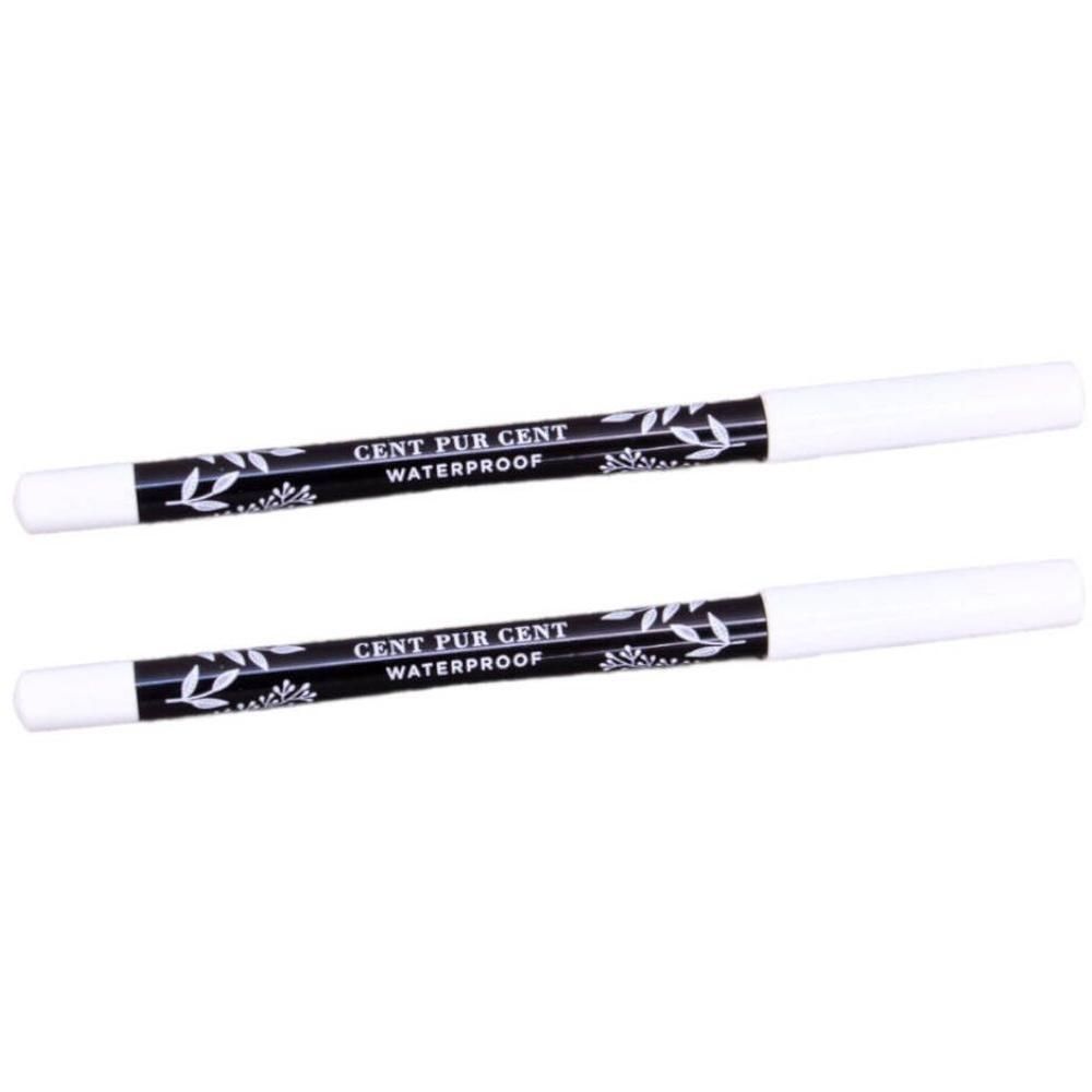 Deux crayons pour les yeux blancs avec une section centrale noire. Inscription: Cent Pur Cent Waterproof.