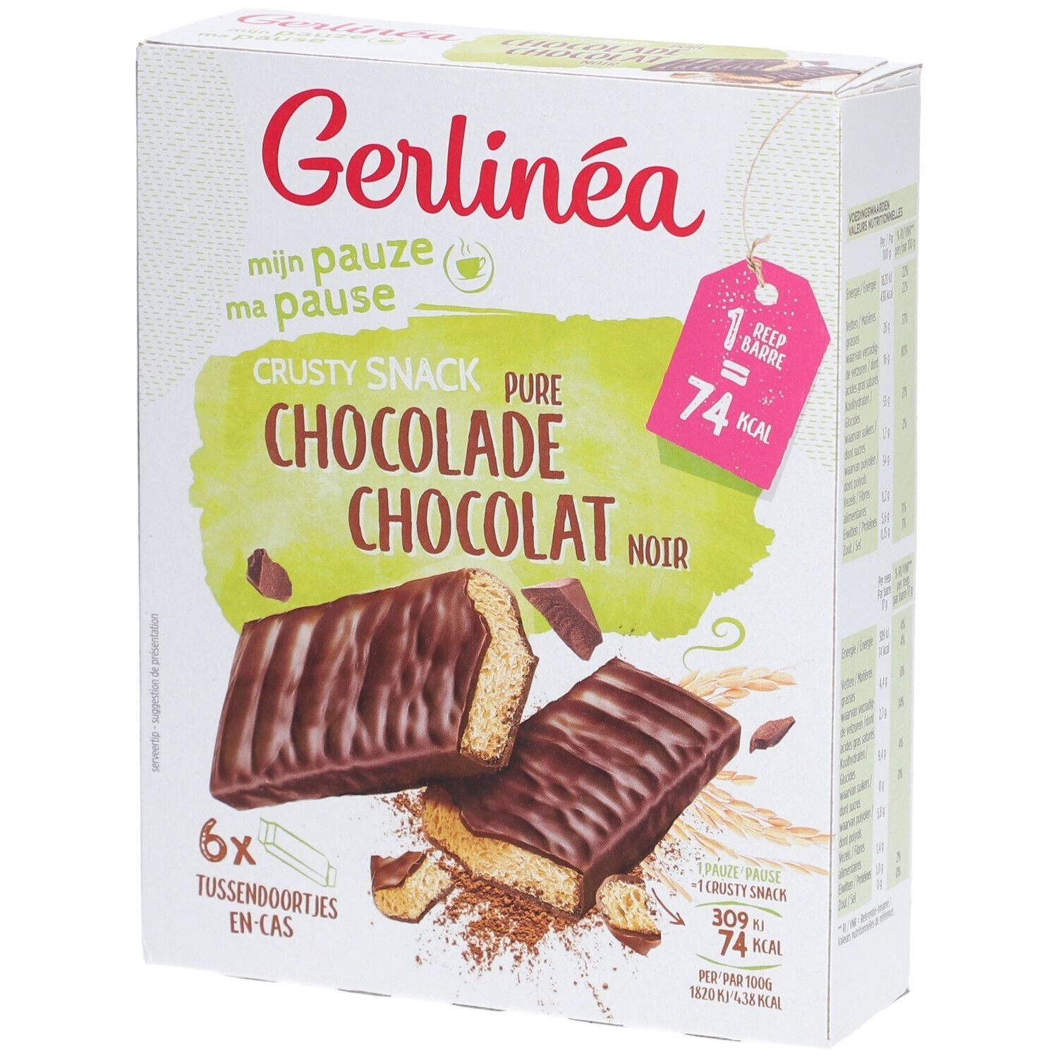 Boîte de Gerlinéa Crusty Snack Chocolat Noir. Barres chocolatées. Contient 6 barres. Inscription : 74 kcal par barre.