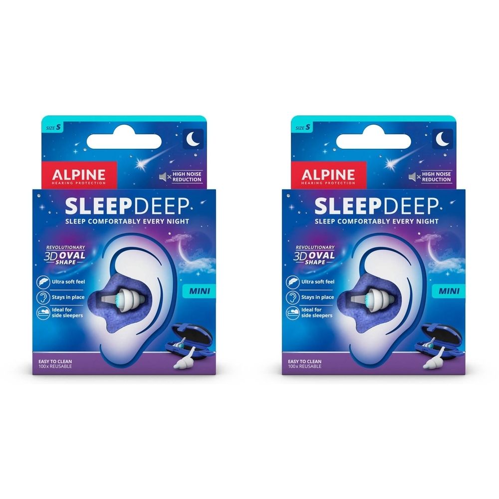 Deux boîtes de Alpine SleepDeep S. Emballage bleu avec illustration d'oreille et nom du produit. Bouchons d'oreille Mini visibles.