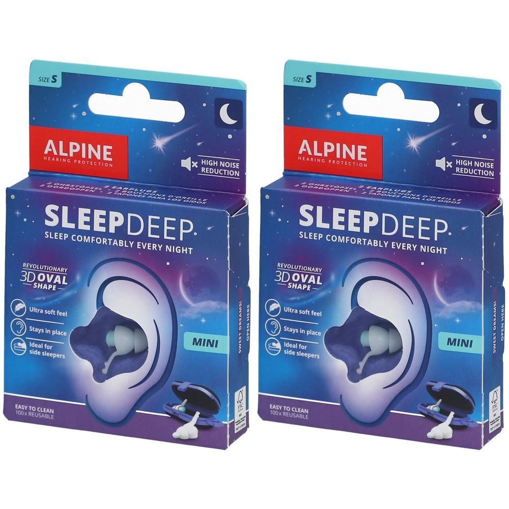 Deux boîtes de Alpine SleepDeep S. Emballage bleu avec illustration d'oreille et nom du produit. Bouchons d'oreille Mini visibles.