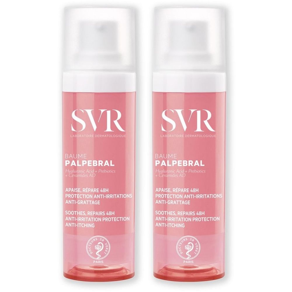 Deux flacons roses avec bouchons blancs. Inscription: SVR, Baume Palpebral. Texte: Apaise, Répare 48H, Protection Anti-irritations, Anti-grattage.