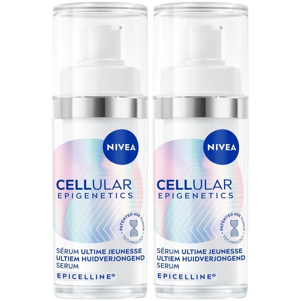 Deux flacons de sérum Nivea Cellular Epigenetics. Blanc, avec impression et bouchons transparents. Soin de la peau.