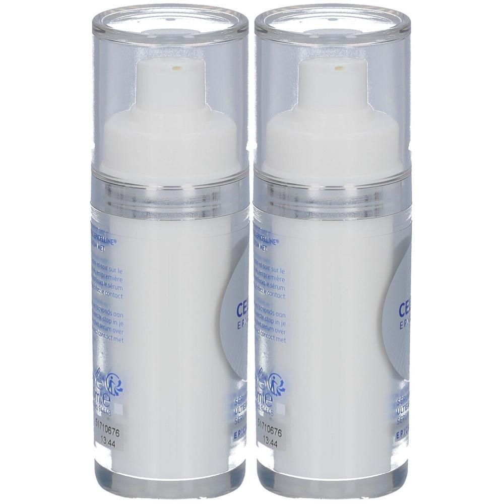 Deux flacons blancs avec bouchons transparents. Inscriptions sur les flacons. Produit de soin de la peau.