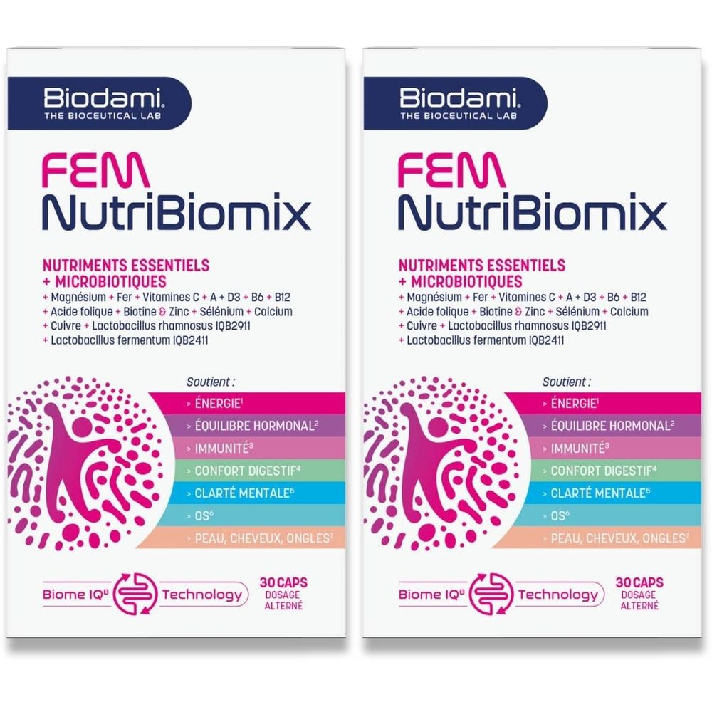 Deux boîtes de Biodami FEM NutriBiomix. Inscription : Nutriments essentiels + Microbiotiques. 30 capsules. Logo et texte multicolores.