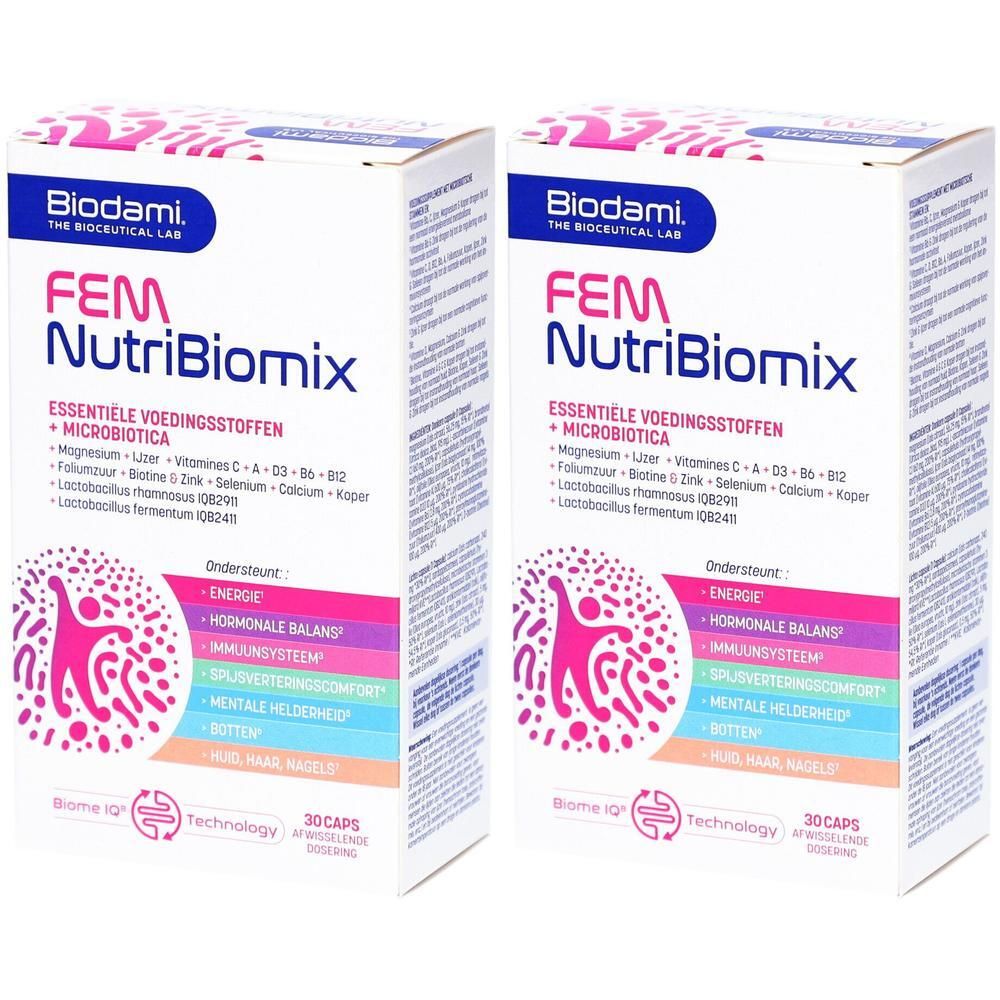 Deux boîtes de Biodami FEM NutriBiomix. Inscription : Essentiele voedingsstoffen + Microbiotica. 30 capsules. Logo et texte multicolores.
