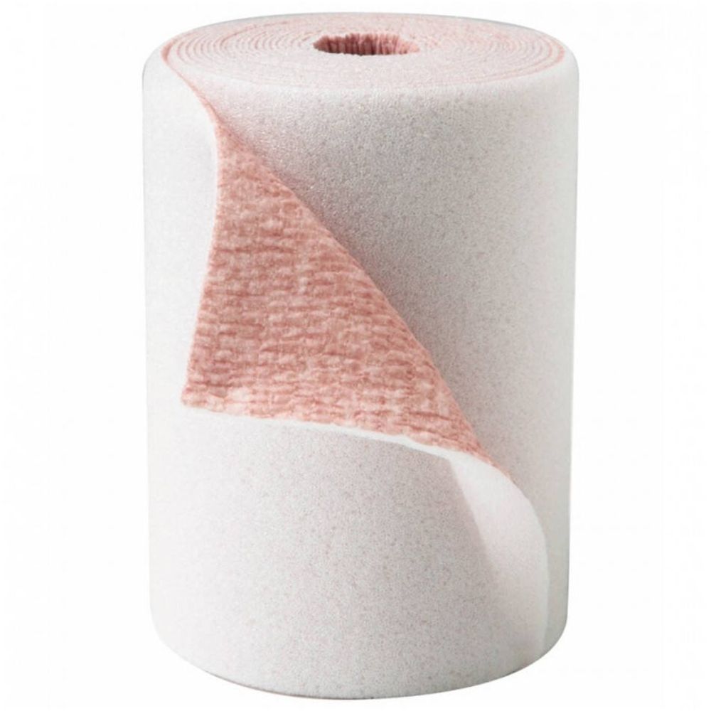 Rouleau de matériau blanc, partiellement déroulé, avec intérieur rose. Forme cylindrique.