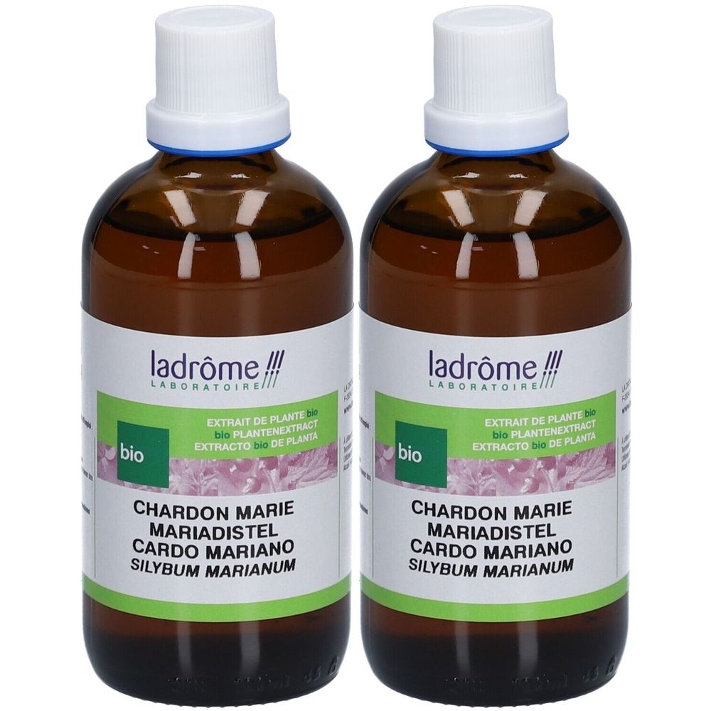 Deux flacons avec bouchons blancs et étiquettes. Inscription : Chardon Marie, Bio.