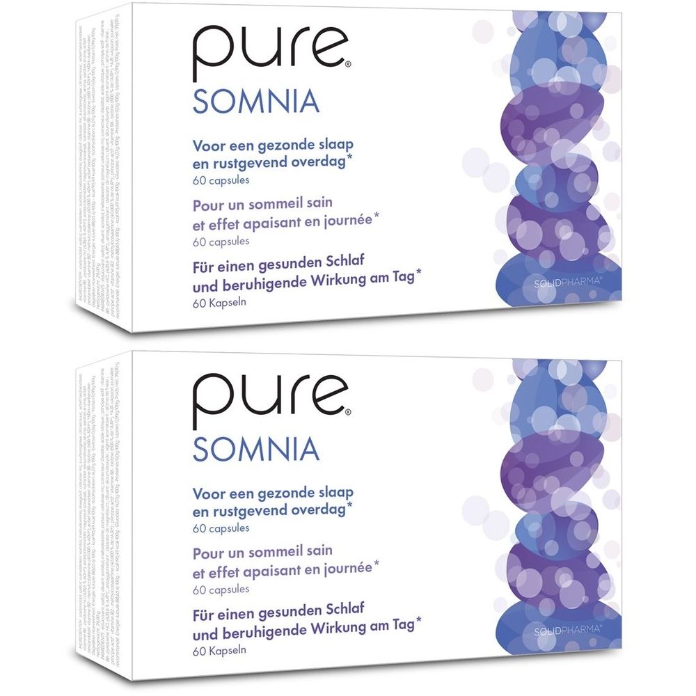 Deux boîtes blanches avec le logo "pure SOMNIA" et du texte multilingue. Chaque boîte contient 60 capsules.