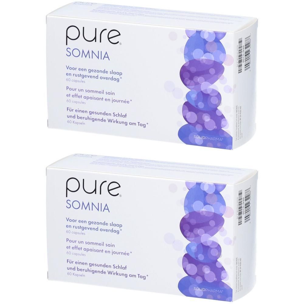 Deux boîtes blanches avec le logo "pure SOMNIA" et du texte multilingue. Chaque boîte contient 60 capsules.