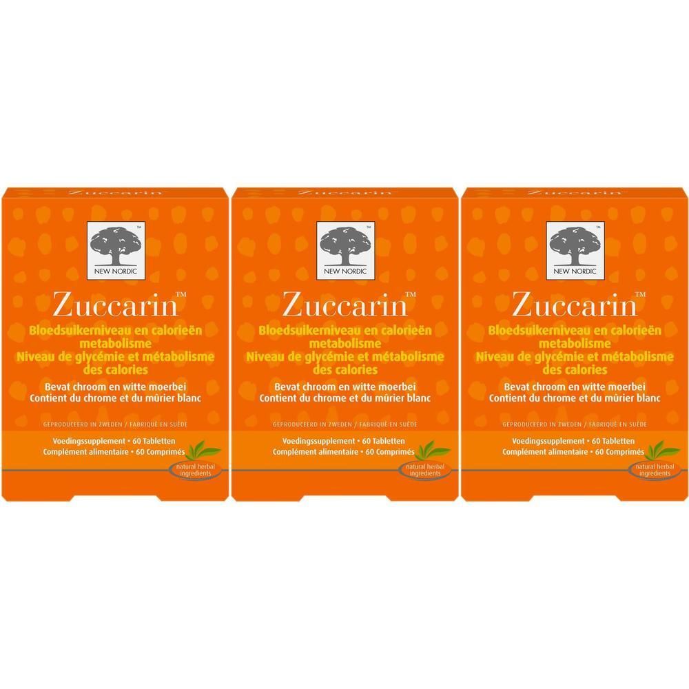 Trois boîtes de Zuccarin. Emballage orange avec nom et logo du produit. Contient 60 comprimés.