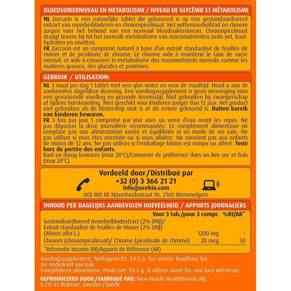 Texte sur fond orange. Informations sur les ingrédients, l'utilisation et les informations nutritionnelles.