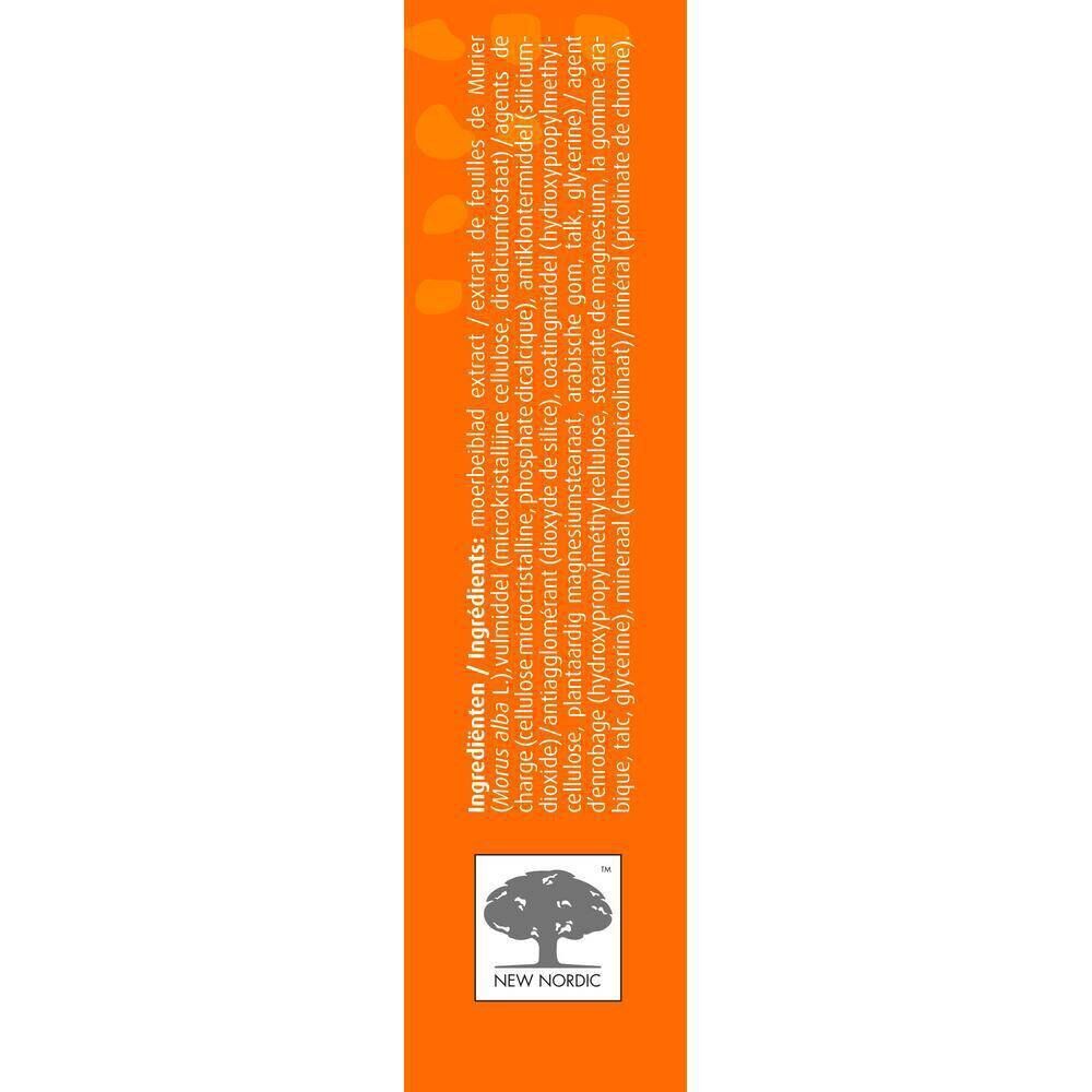 Côté orange de l'emballage avec liste des ingrédients. Contient des ingrédients comme l'extrait de mûrier.