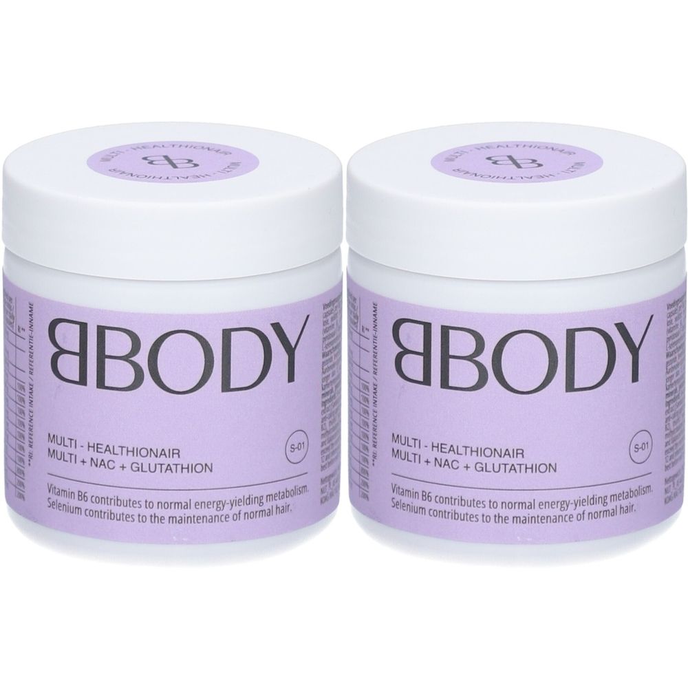 Deux pots blancs avec étiquettes violettes. Inscription: BBODY, Multi-Healthionair. Vitamine B6 et sélénium.