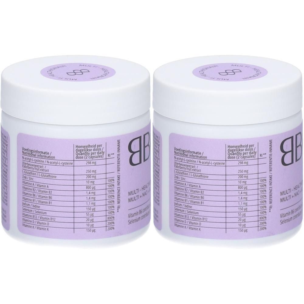Deux pots blancs avec étiquettes violettes. Inscription: BBODY, Multi-Healthionair. Informations nutritionnelles et logos.