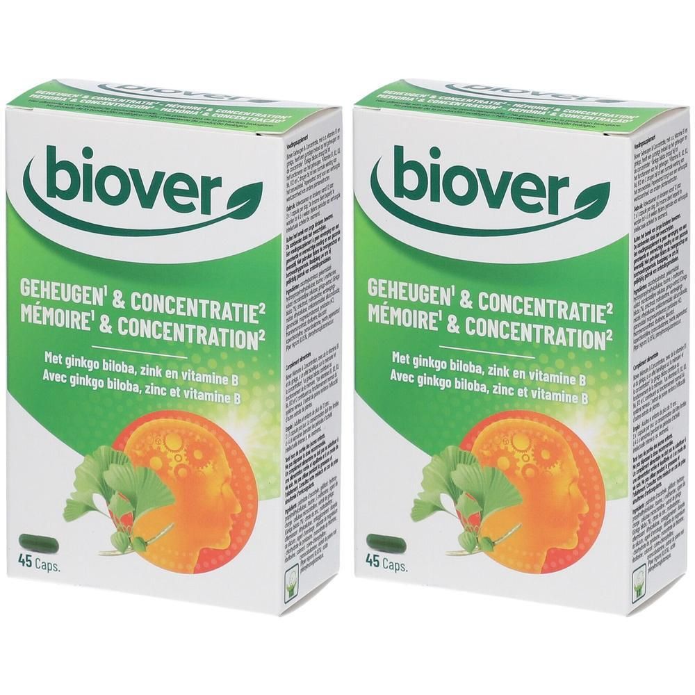 Deux boîtes de Biover Mémoire & Concentration. Emballage blanc avec logo vert et nom du produit. 45 capsules.