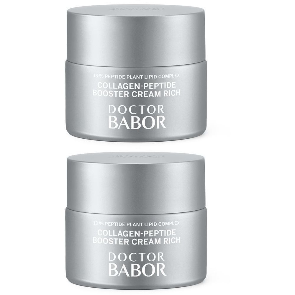 Deux pots argentés avec couvercles. Inscription: Collagen-Peptide Booster Cream Rich, Doctor Babor.